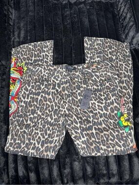 Leopard Print Ed Hardy Jeans with Colorful Embroidary